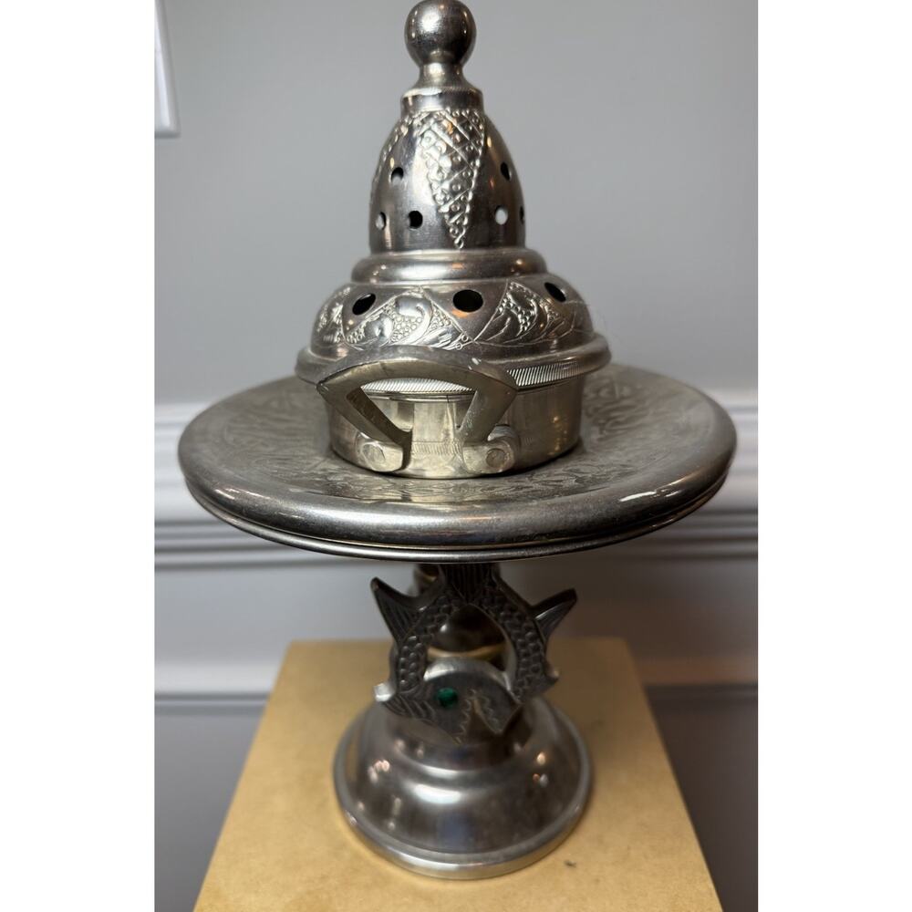 Vintage Moroccan Style Metal Incense Burner Stand 11” Pierced Lid - Picture 6 of 11